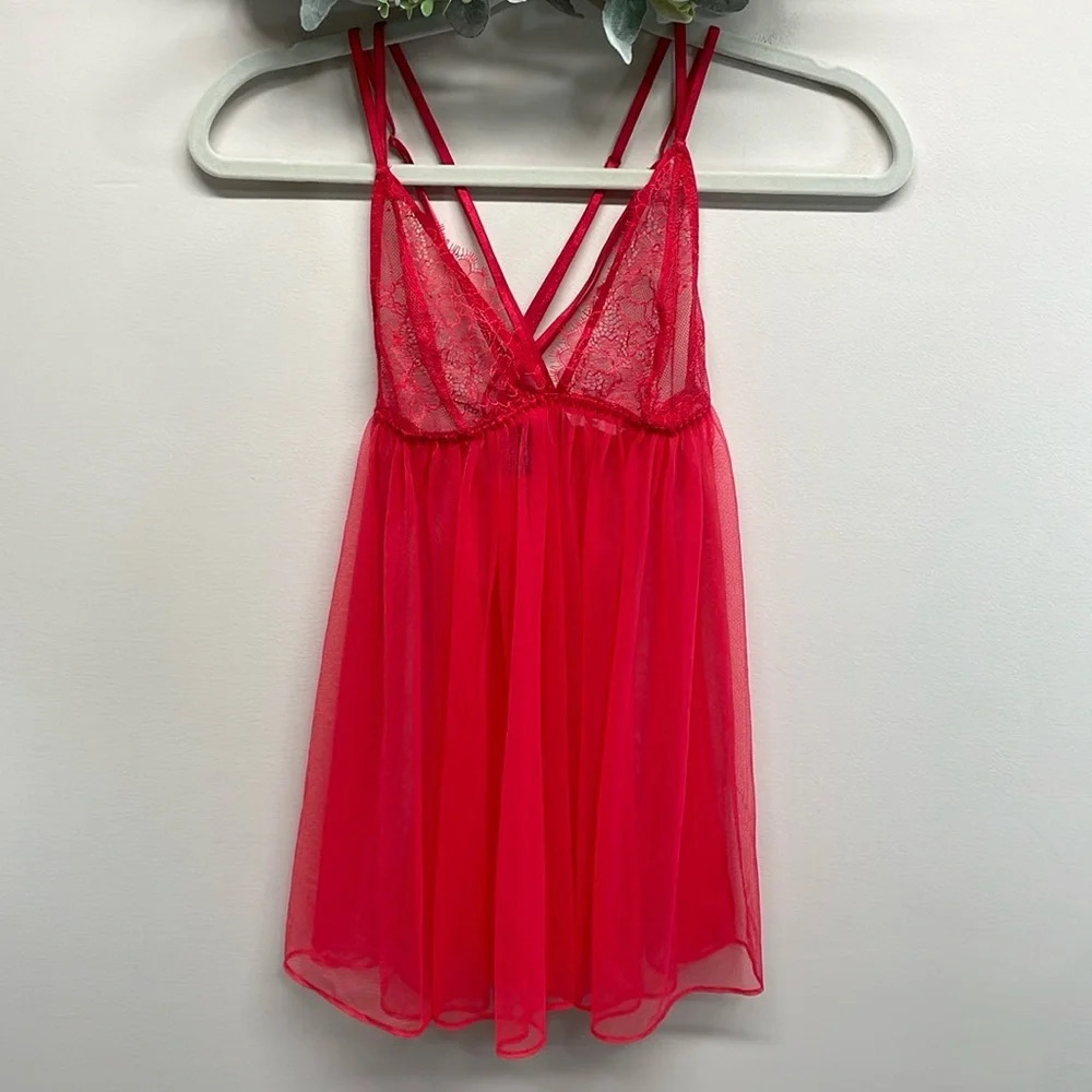 Victoria’s Secret Red Babydoll Lingerie Chantilly Eyelash Lace Mesh Strappy M